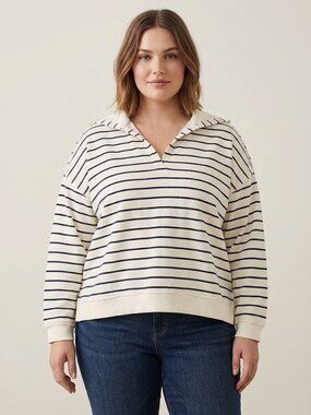 Torrid Womens 3X Cream Navy Striped Collared Pullover Sweatshirt Long Sleeve NWT